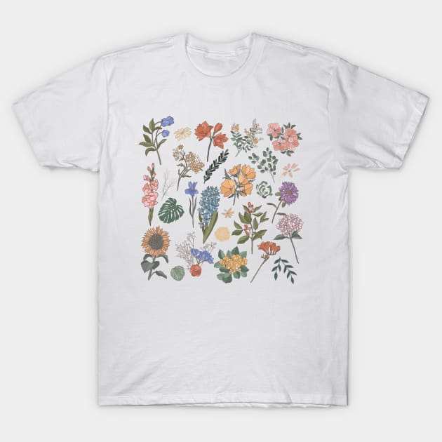 Wildflower Collage of Irises, Hyacinths, Hydrangeas, Sunflowers, Pansies, and More T-Shirt by Mia Delilah